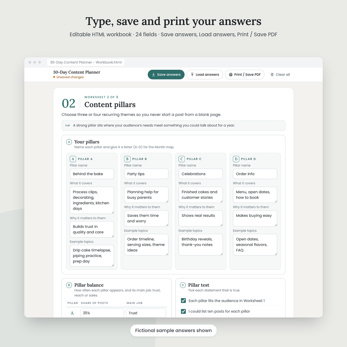 30-Day Content Planner editable HTML workbook with sample answers