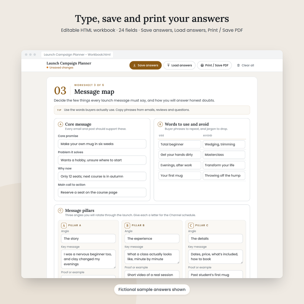 Launch Campaign Planner editable HTML workbook with sample answers