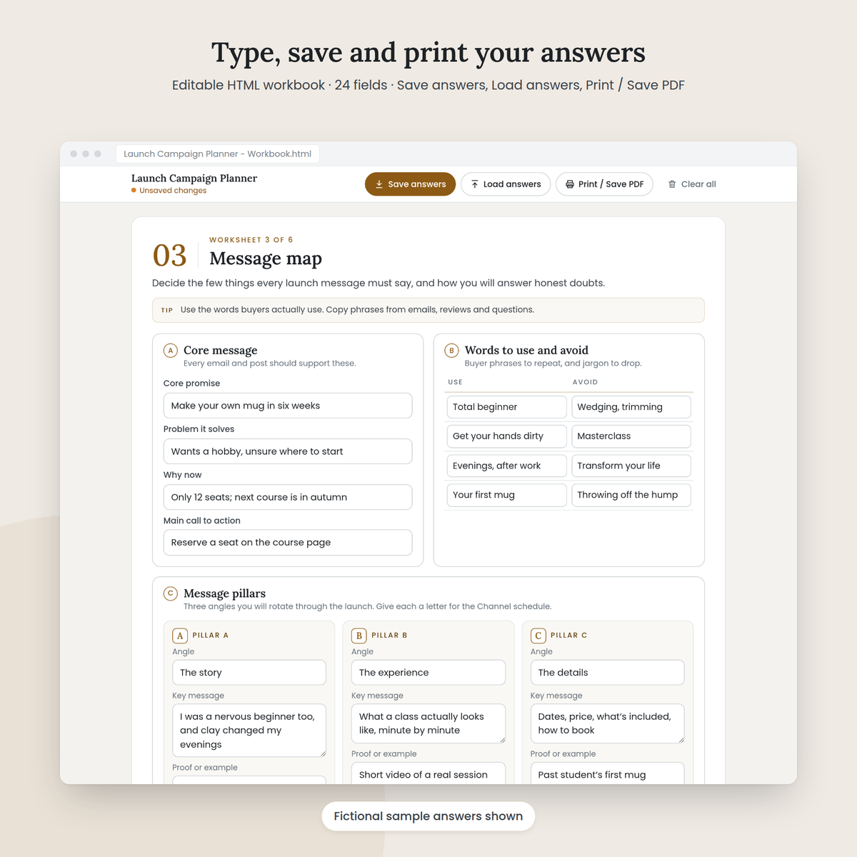 Launch Campaign Planner editable HTML workbook with sample answers