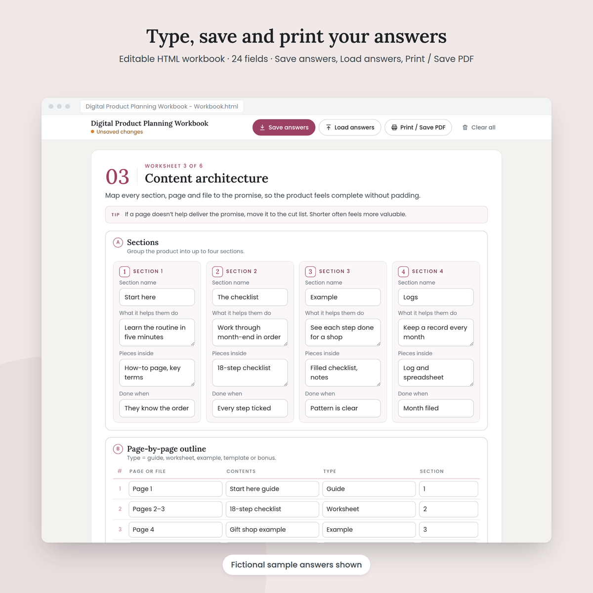 Digital Product Planning Workbook editable HTML workbook with sample answers