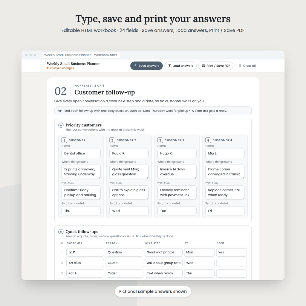 Weekly Small Business Planner editable HTML workbook with sample answers