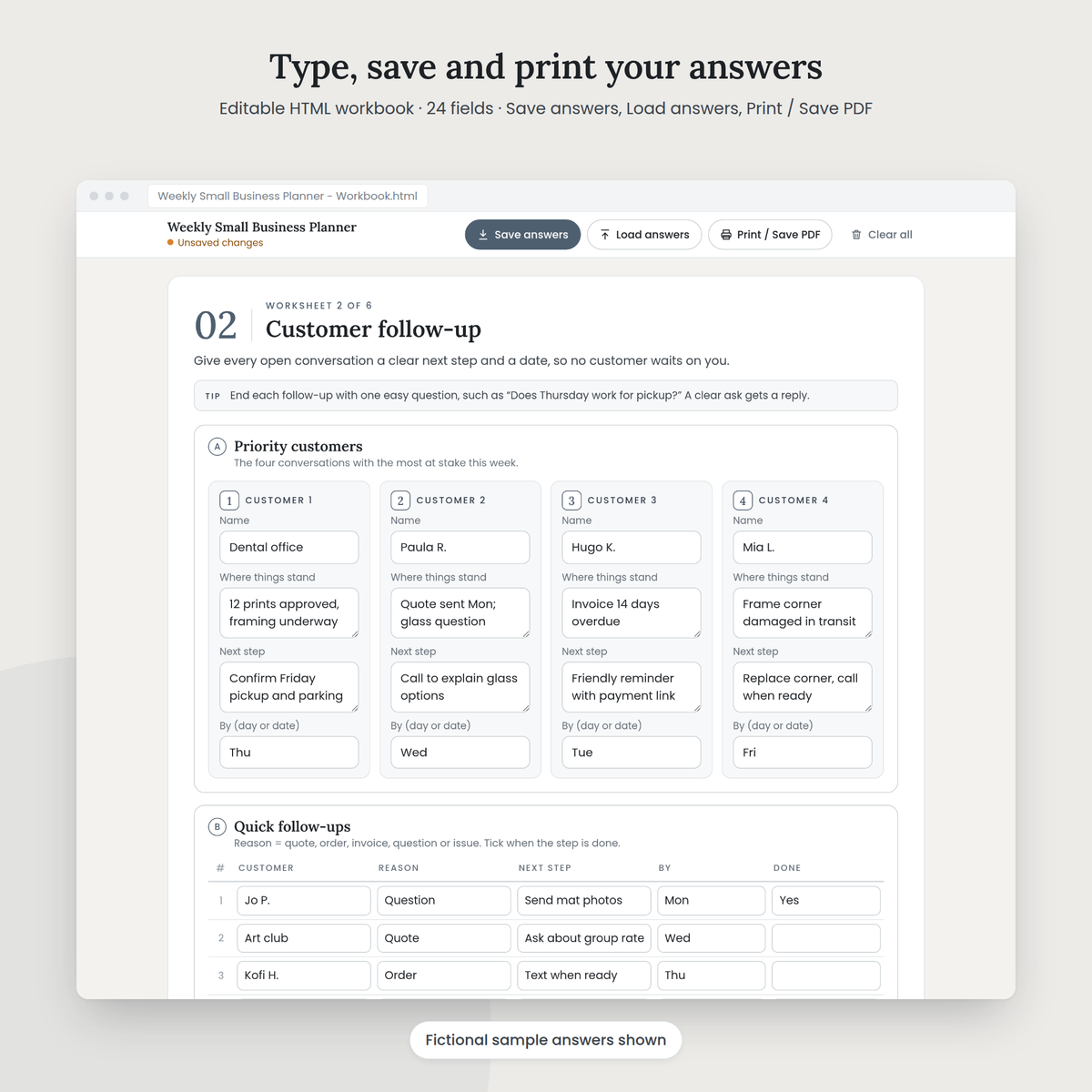 Weekly Small Business Planner editable HTML workbook with sample answers