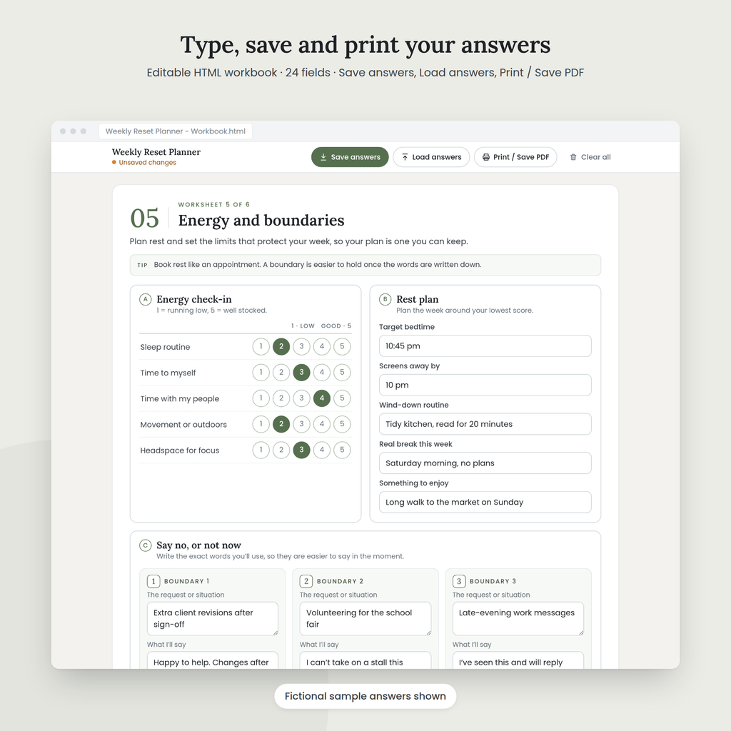Weekly Reset Planner editable HTML workbook with sample answers