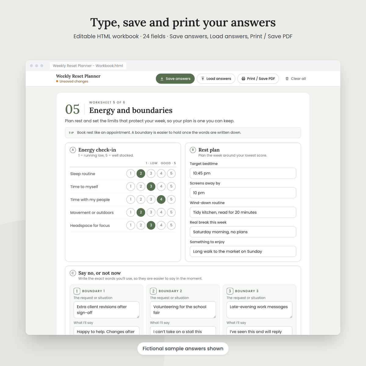 Weekly Reset Planner editable HTML workbook with sample answers
