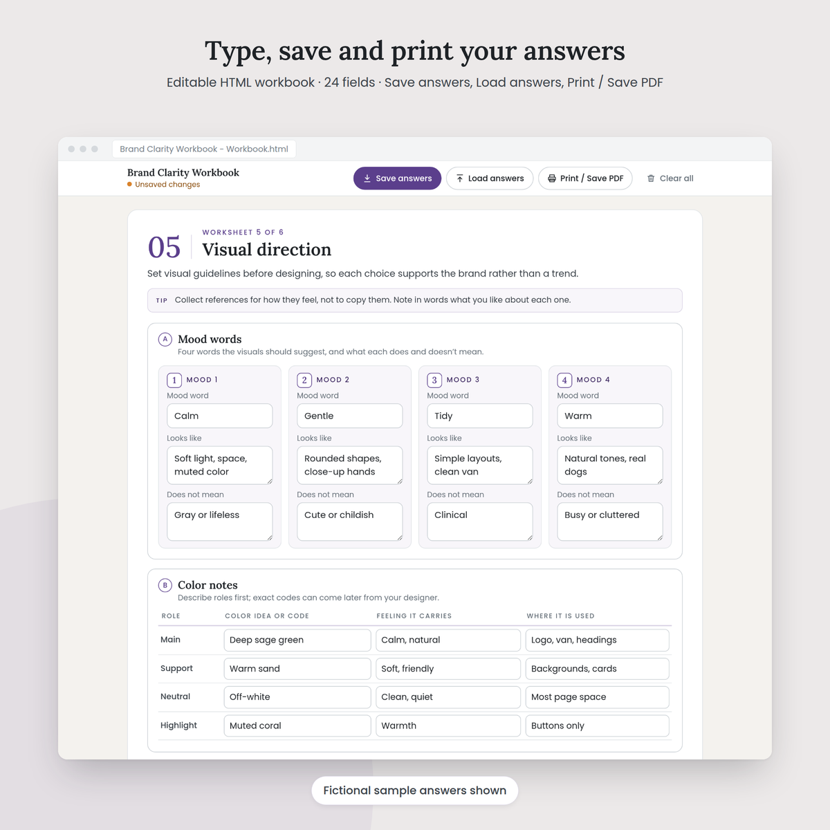 Brand Clarity Workbook editable HTML workbook with sample answers