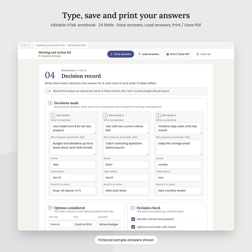 Meeting and Action Kit editable HTML workbook with sample answers