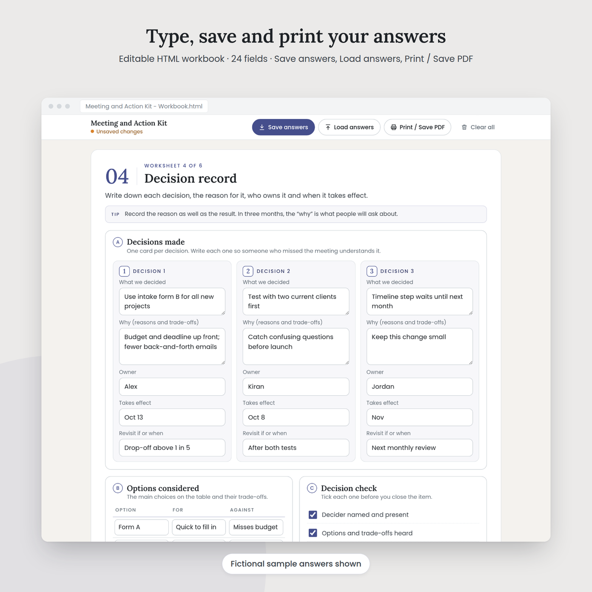 Meeting and Action Kit editable HTML workbook with sample answers