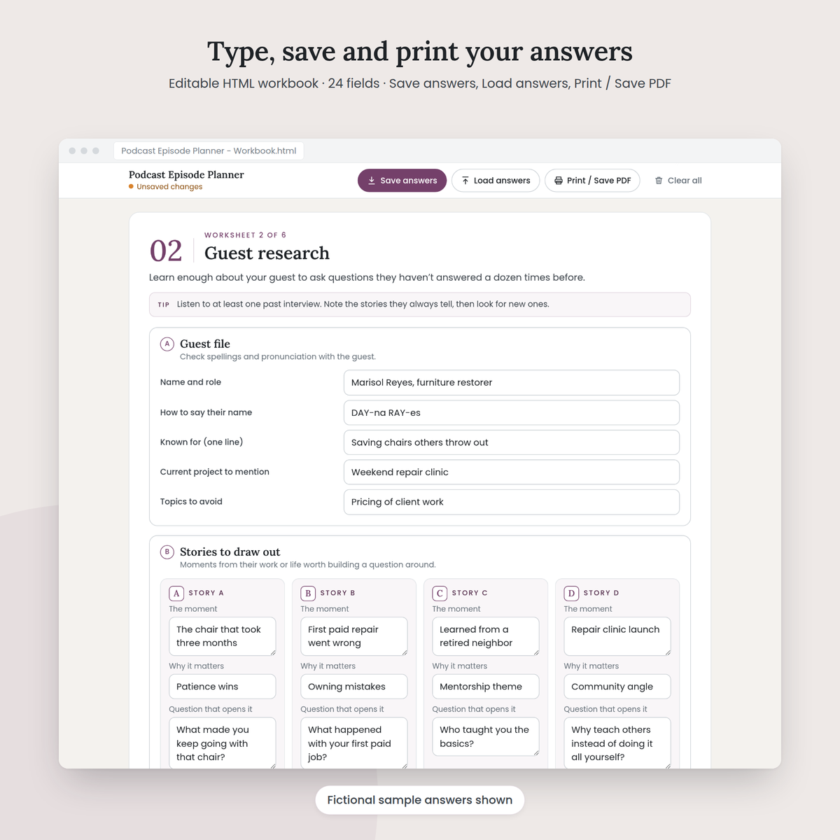 Podcast Episode Planner editable HTML workbook with sample answers