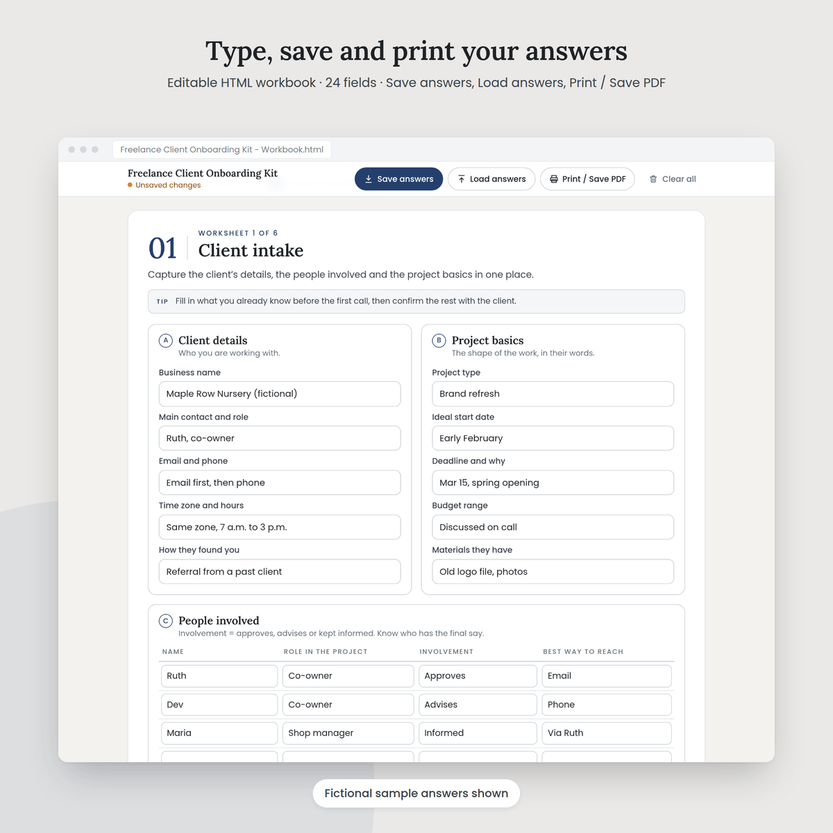 Freelance Client Onboarding Kit editable HTML workbook with sample answers