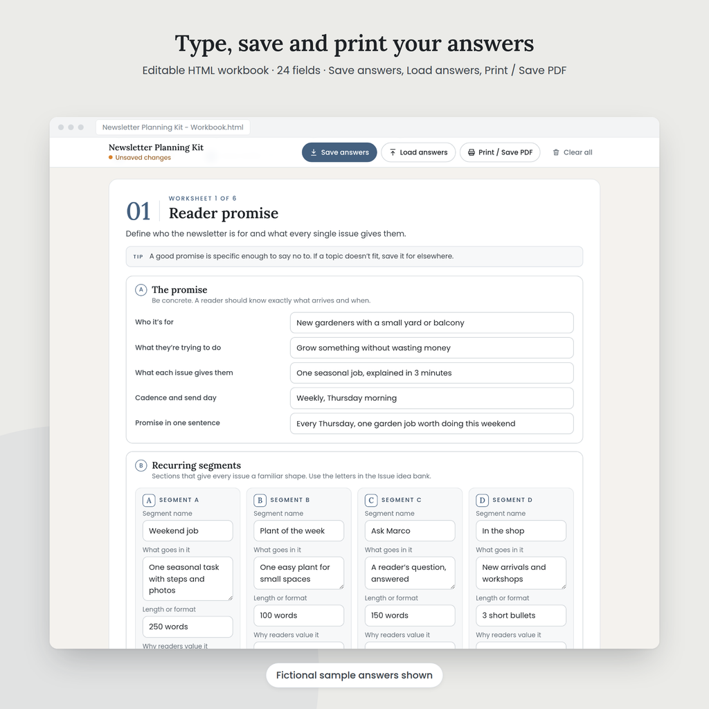Newsletter Planning Kit editable HTML workbook with sample answers