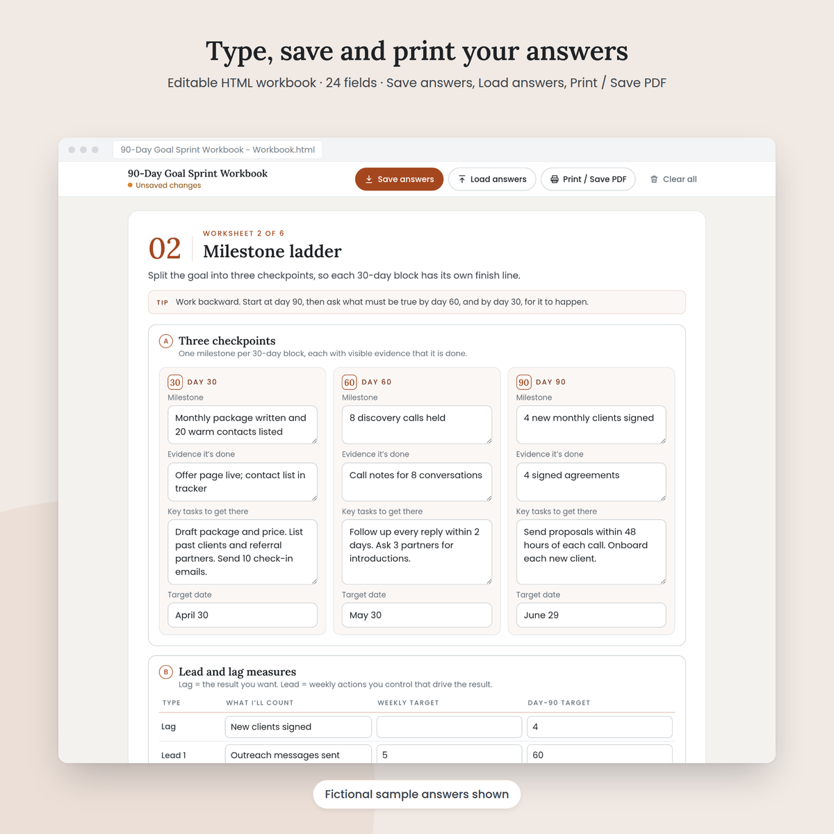 90-Day Goal Sprint Workbook editable HTML workbook with sample answers