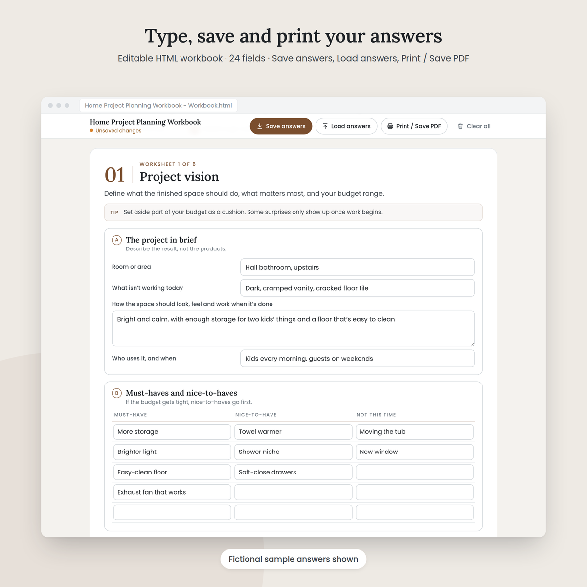 Home Project Planning Workbook editable HTML workbook with sample answers