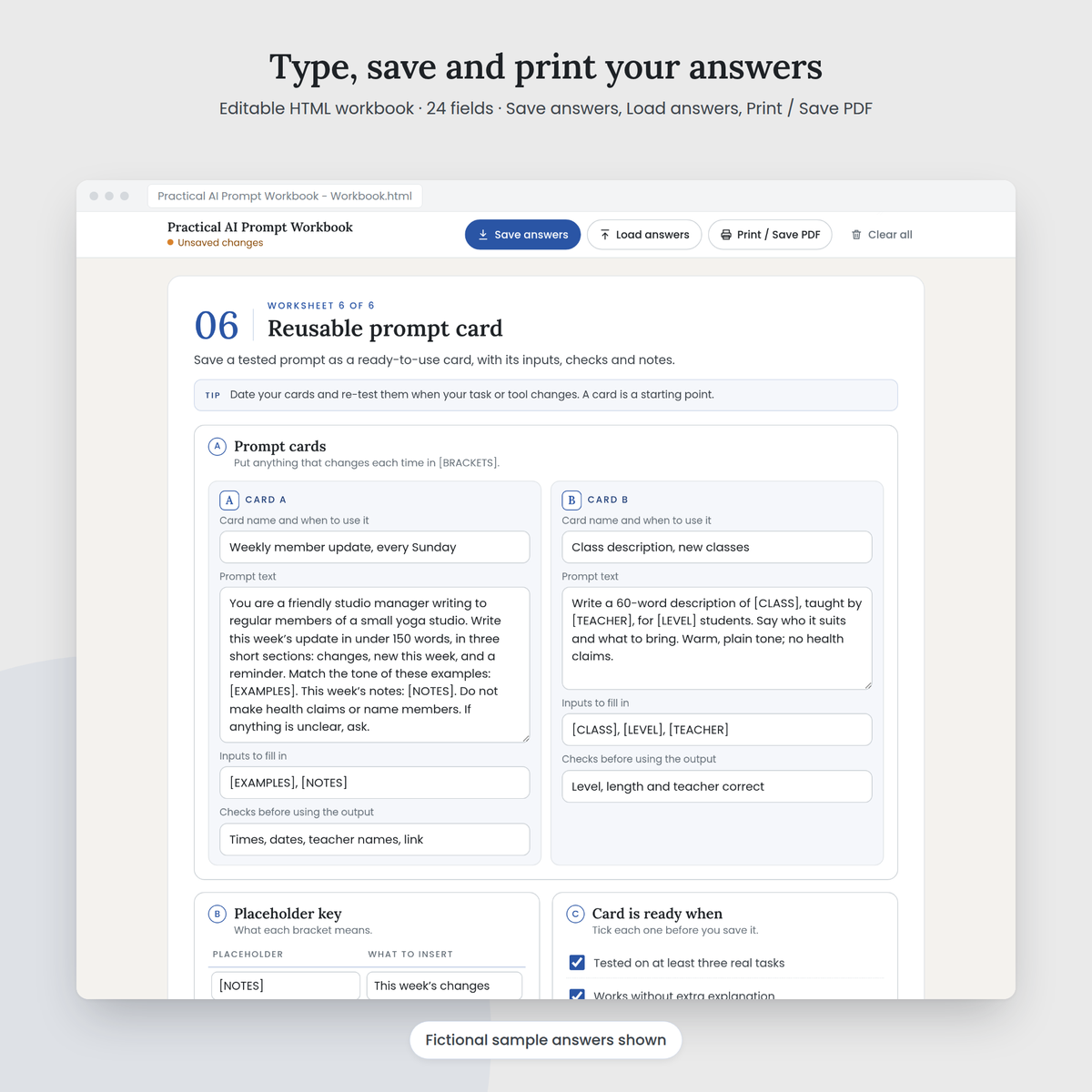 Practical AI Prompt Workbook editable HTML workbook with sample answers