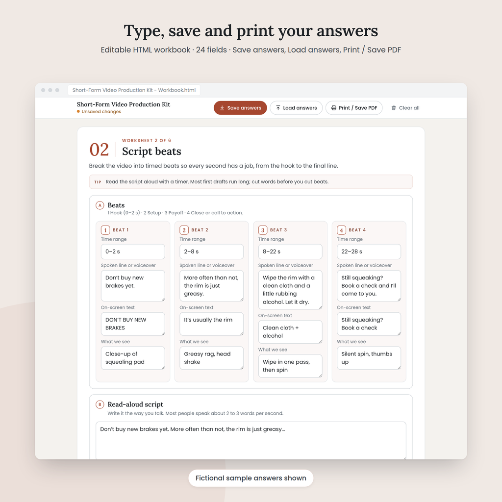 Short-Form Video Production Kit editable HTML workbook with sample answers