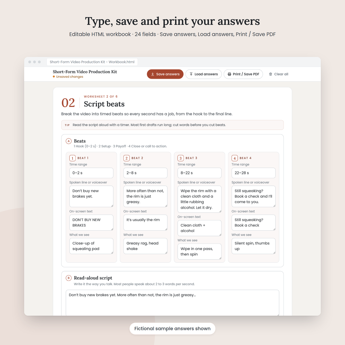 Short-Form Video Production Kit editable HTML workbook with sample answers