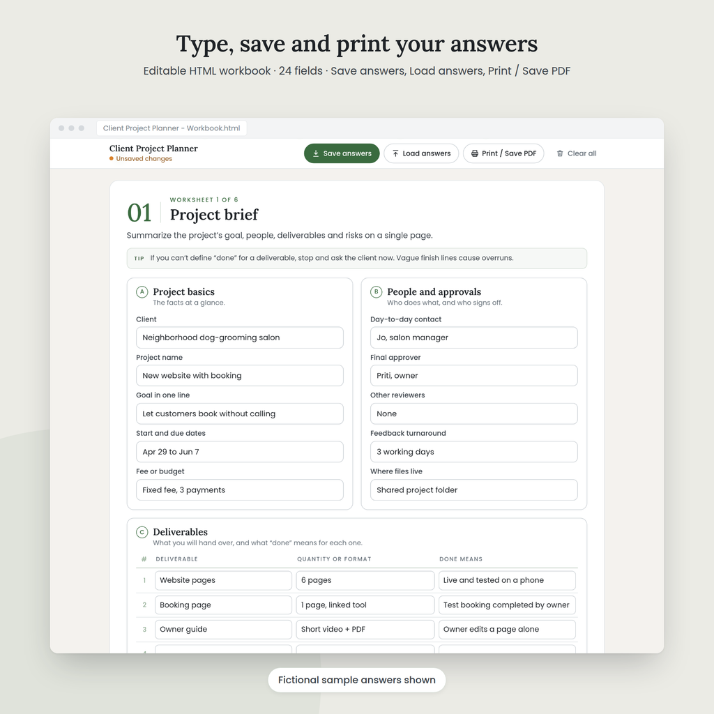 Client Project Planner editable HTML workbook with sample answers