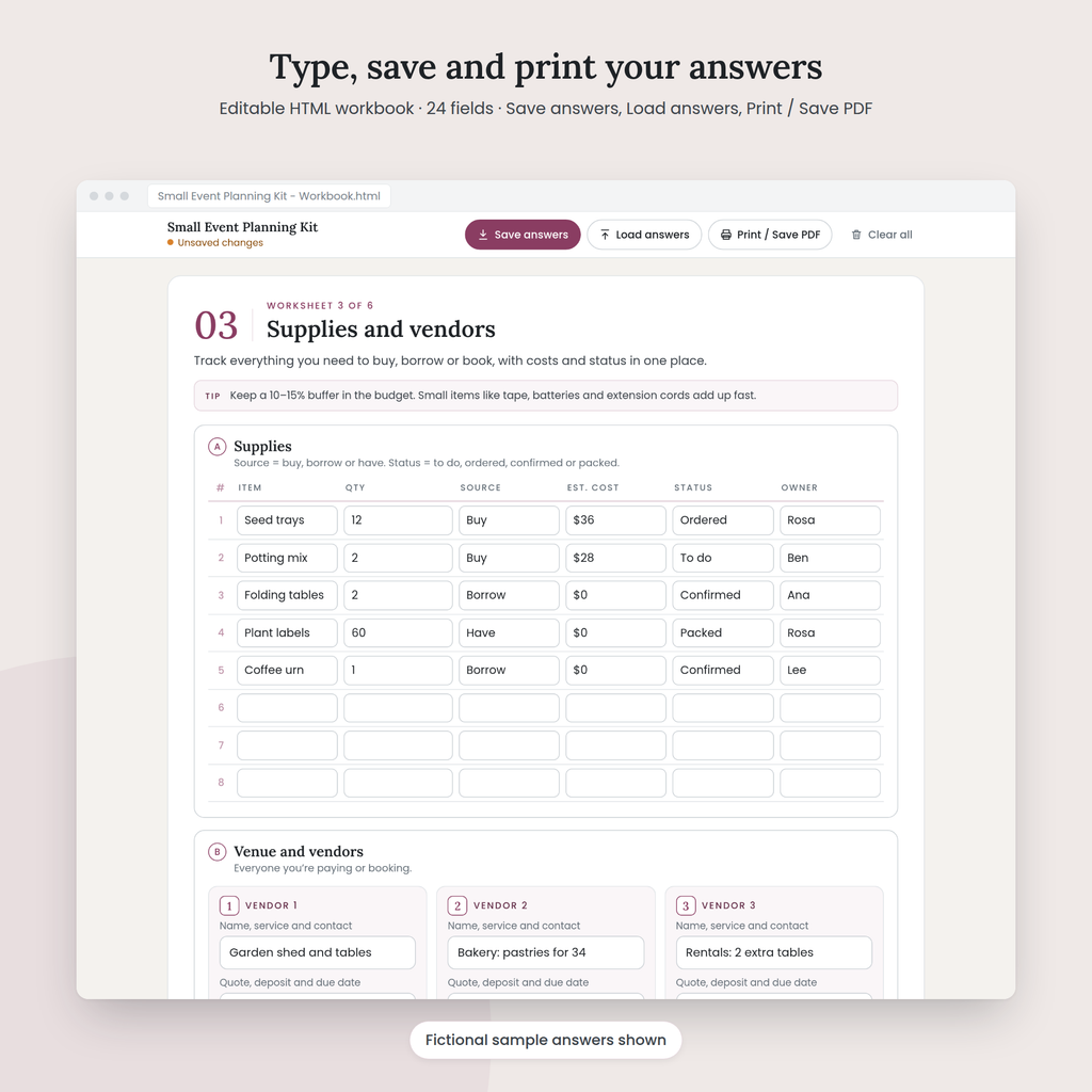 Small Event Planning Kit editable HTML workbook with sample answers