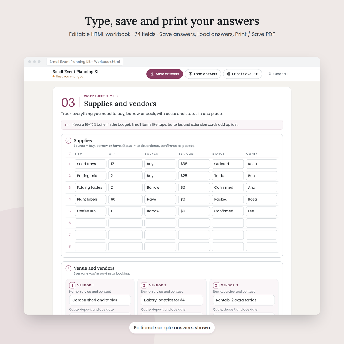 Small Event Planning Kit editable HTML workbook with sample answers