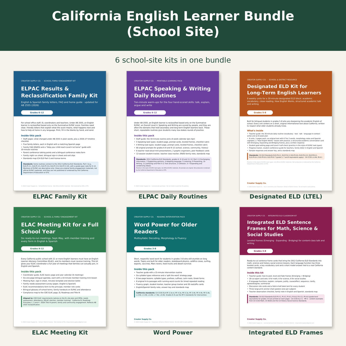 Covers of the six kits in the California English Learner Bundle