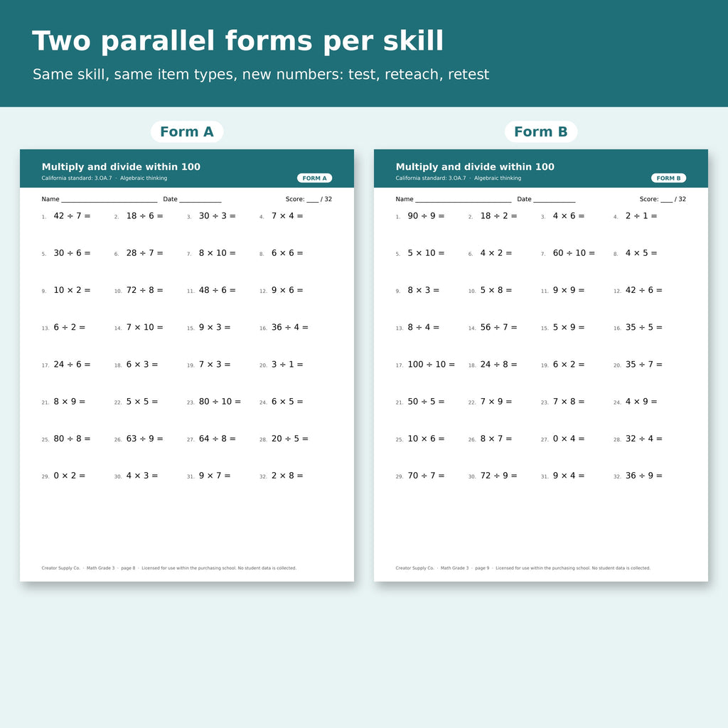 School Kit Form A and parallel Form B for grade 3 multiply and divide within 100 (3.OA.7)