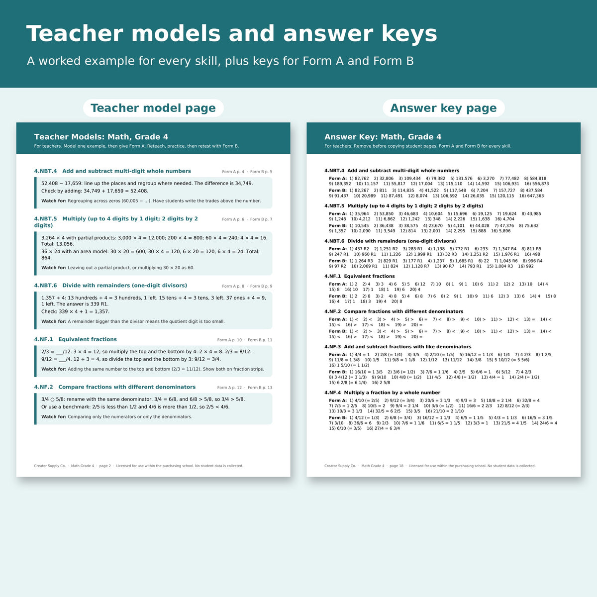 School Kit grade 4 math teacher model page and answer key page
