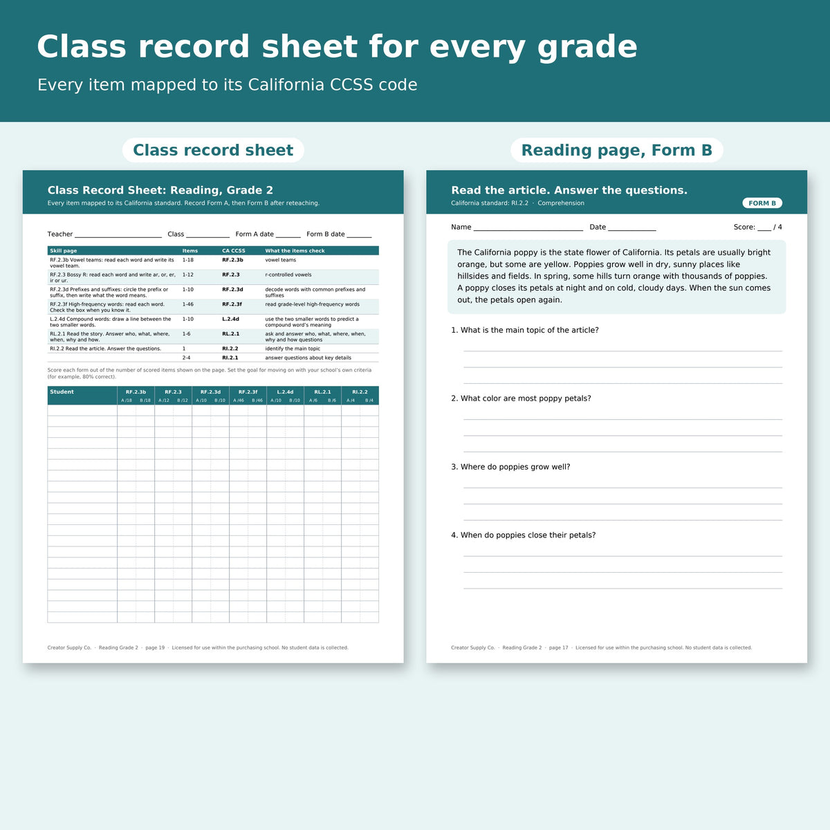 Grade 2 reading class record sheet with California standard codes and a Form B page
