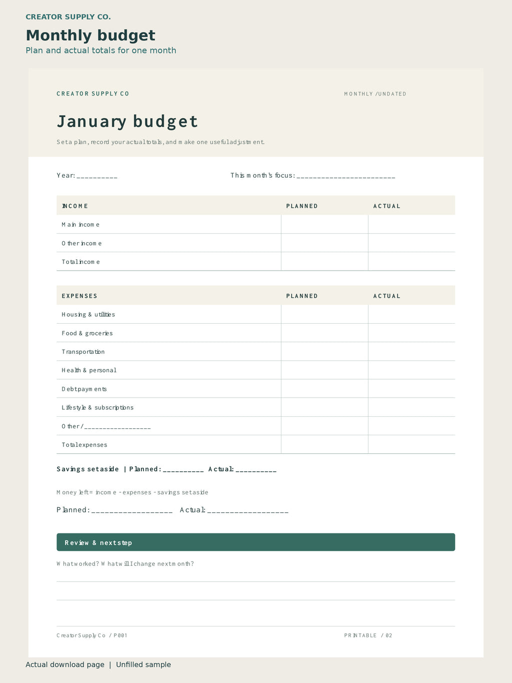 Monthly Budget Planner Printable – monthly budget page: plan and actual totals for one month