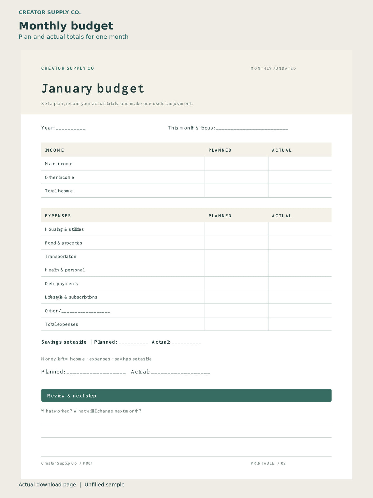 Monthly Budget Planner Printable – monthly budget page: plan and actual totals for one month