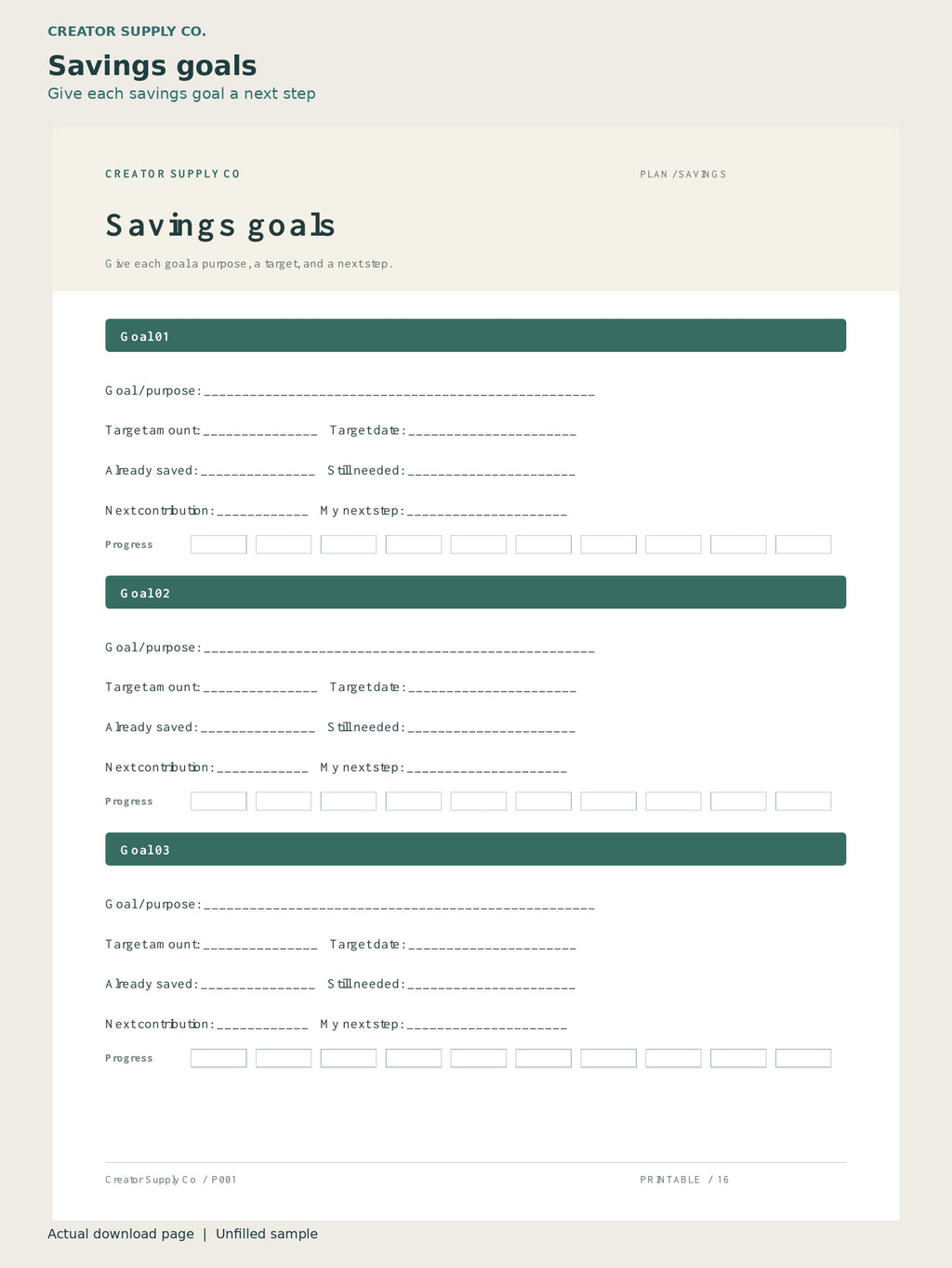 Monthly Budget Planner Printable – savings goals page: give each savings goal a next step