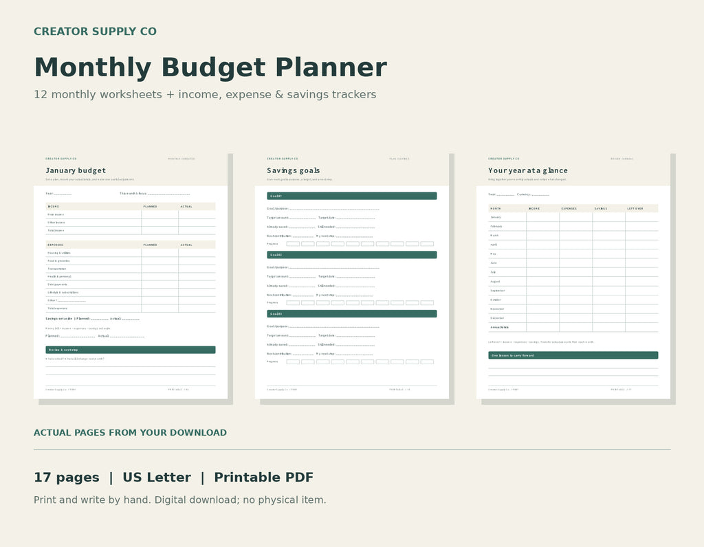 Pages from the 17-page printable monthly budget planner: January budget, savings goals, and annual overview.