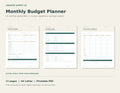 Pages from the 17-page printable monthly budget planner: January budget, savings goals, and annual overview.