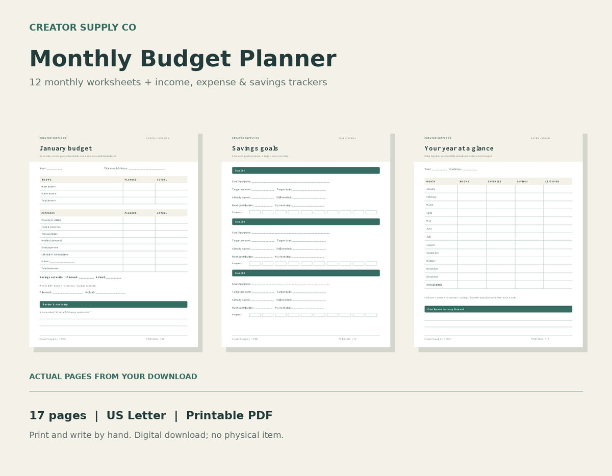 Pages from the 17-page printable monthly budget planner: January budget, savings goals, and annual overview.