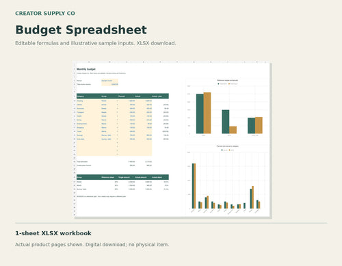 Excel monthly budget spreadsheet preview with planned and actual amounts and comparison charts.