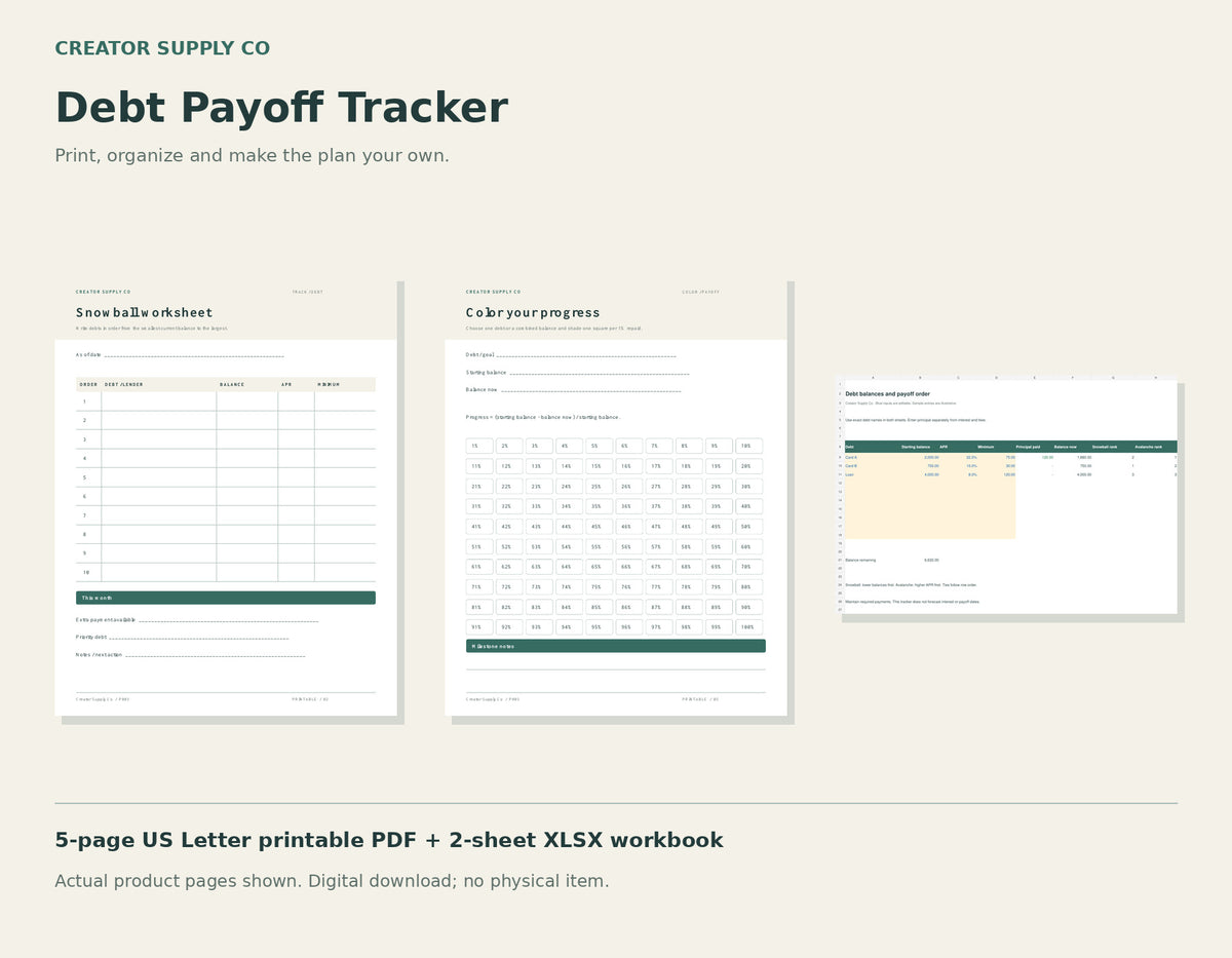 Debt Payoff Tracker – printable PDF pages preview