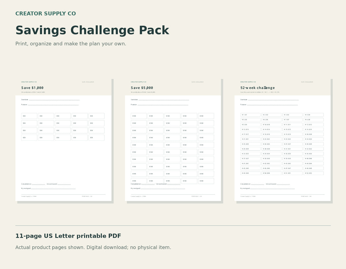 Savings Challenge Pack – printable PDF pages preview