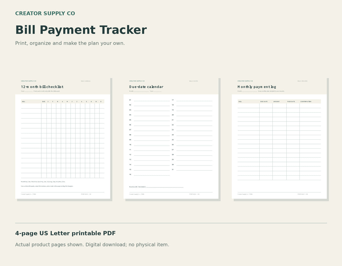 Bill Payment Tracker – printable PDF pages preview