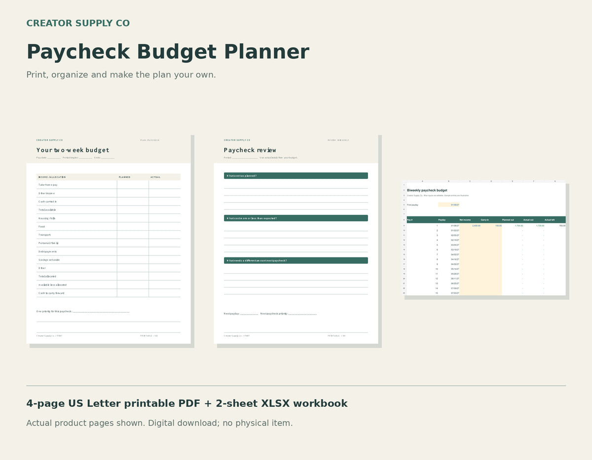 Paycheck Budget Planner – printable PDF pages preview