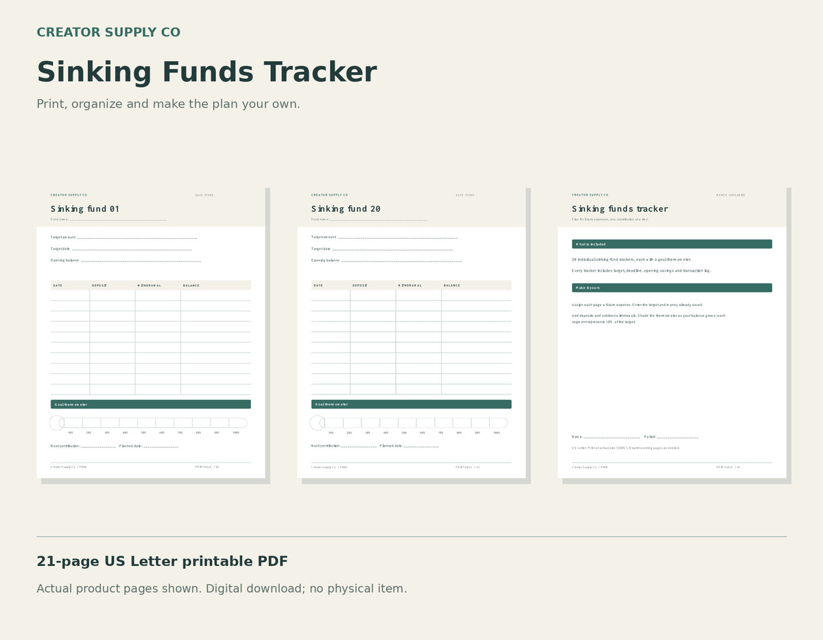 Sinking Funds Tracker – printable PDF pages preview