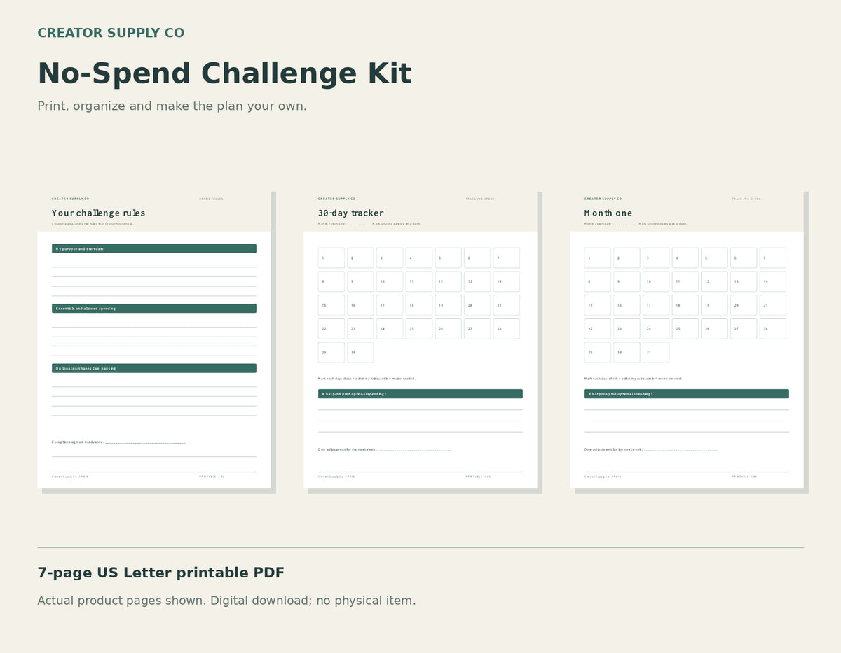 No-Spend Challenge Kit – printable PDF pages preview