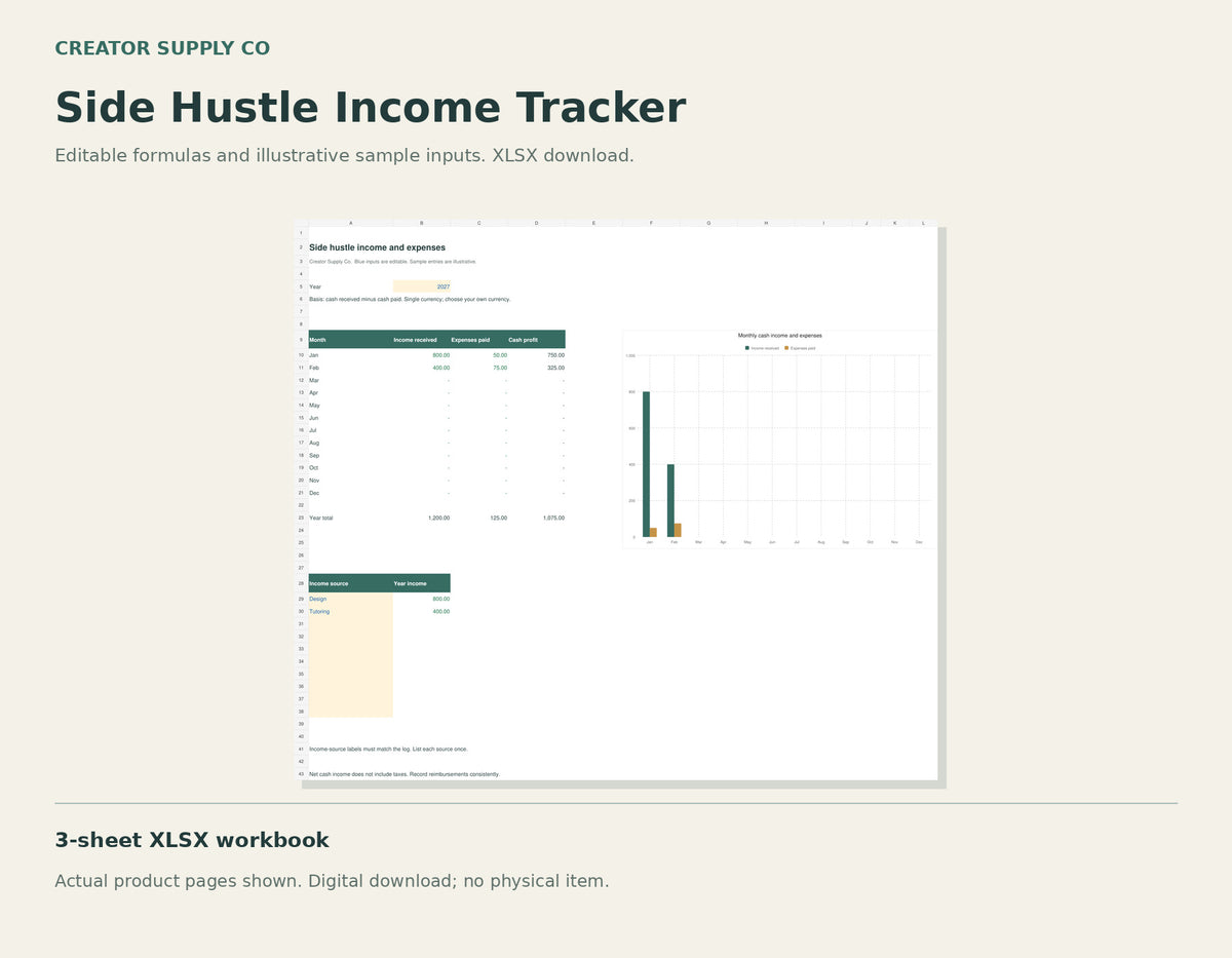Side Hustle Income Tracker – printable PDF pages preview