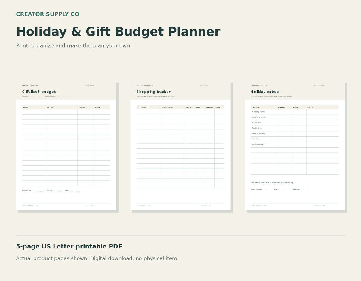 Holiday & Gift Budget Planner – printable PDF pages preview