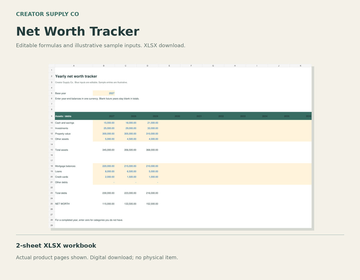 Net Worth Tracker – printable PDF pages preview