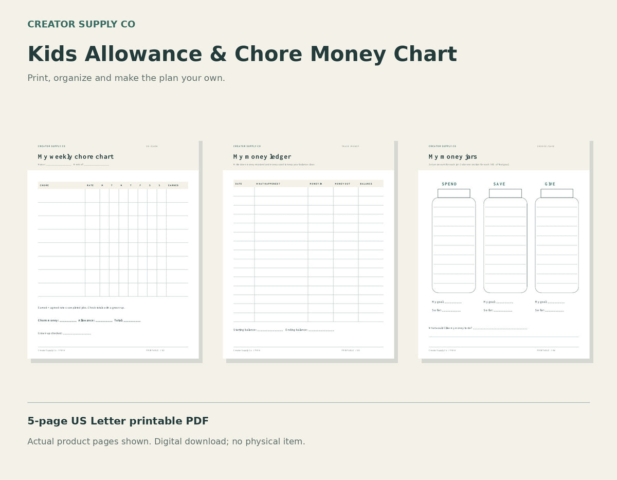 Kids Allowance & Chore Money Chart – printable PDF pages preview