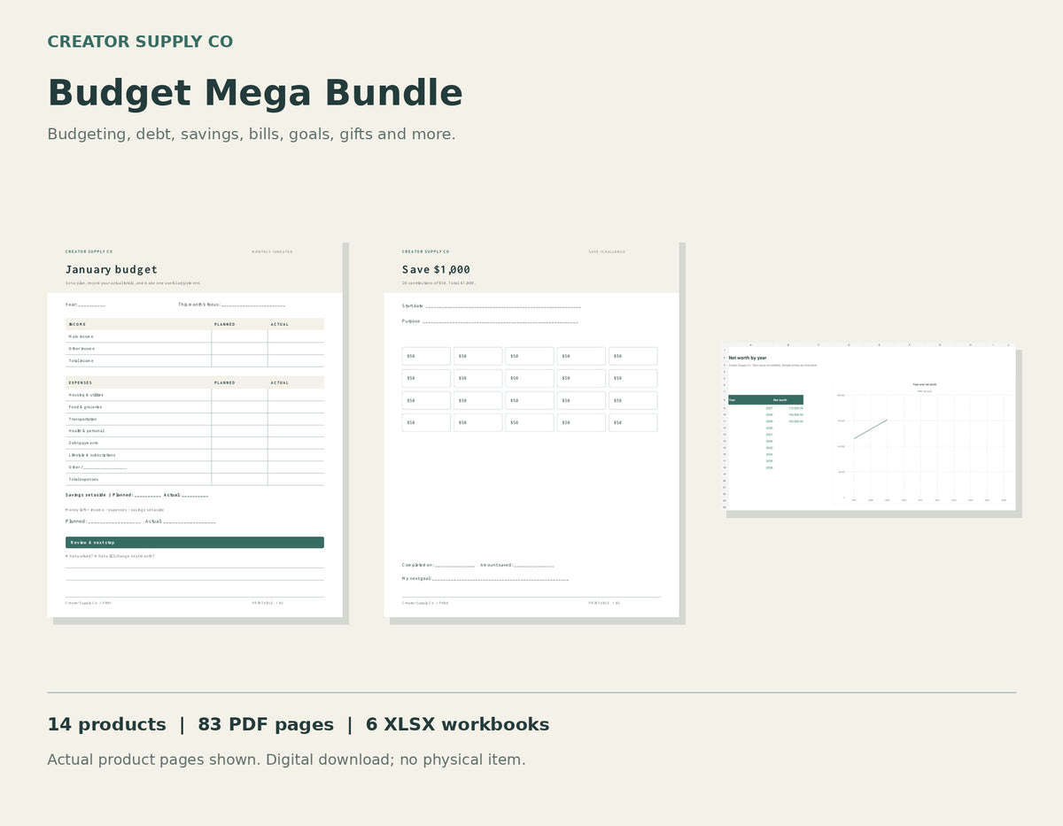 Budget Mega Bundle (all 14) – printable PDF pages preview