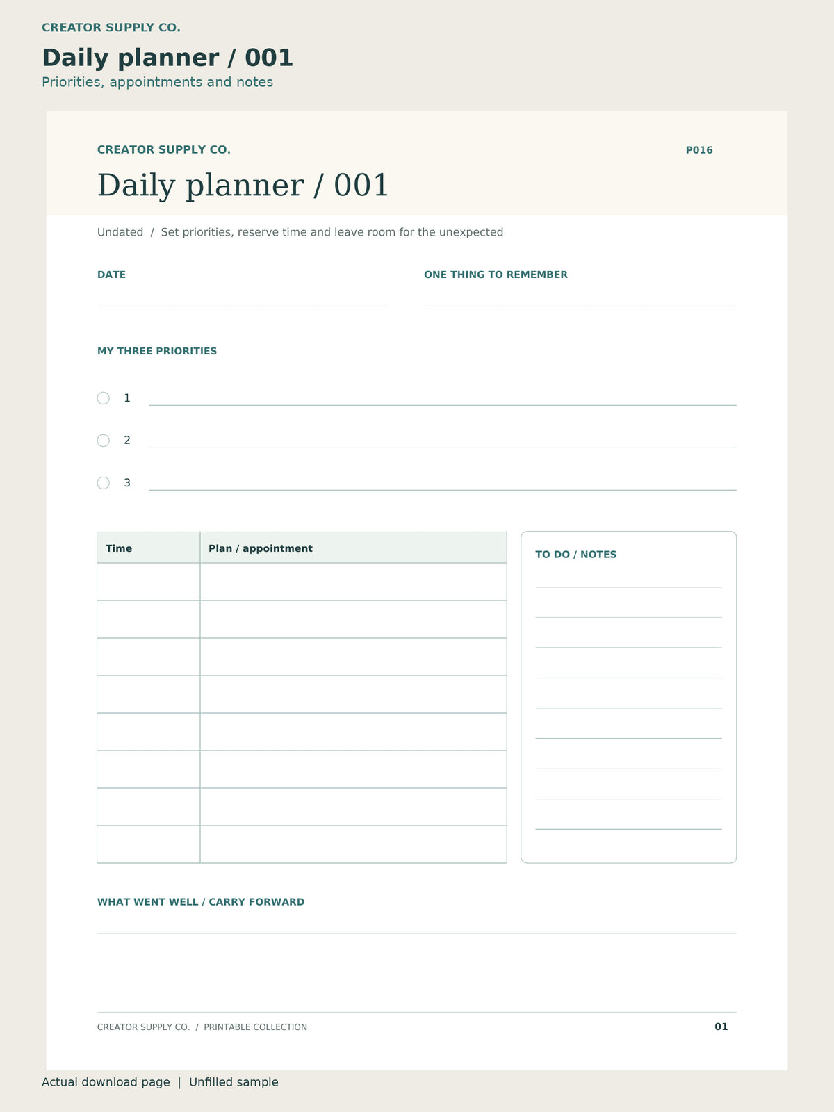 Undated Daily Planner — 365 Printable Pages – daily planner page 001: priorities, appointments and notes