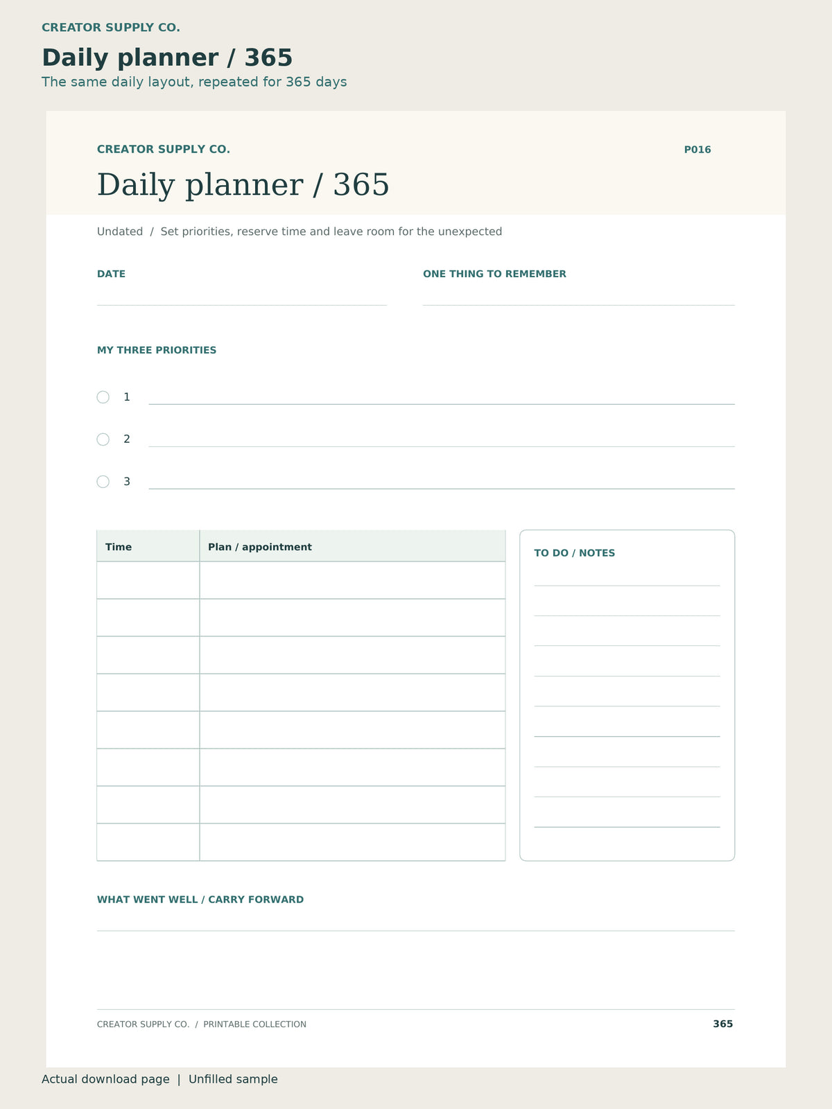 Undated Daily Planner — 365 Printable Pages – daily planner page 365: the same daily layout, repeated for 365 days