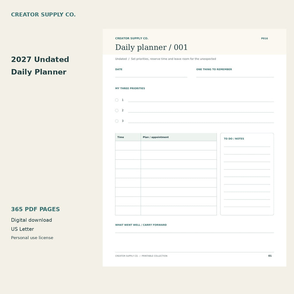 Undated Daily Planner — 365 Printable Pages – printable PDF pages preview