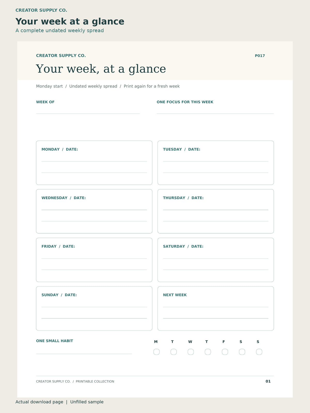 Weekly Planner Printable – week at a glance page: a complete undated weekly spread