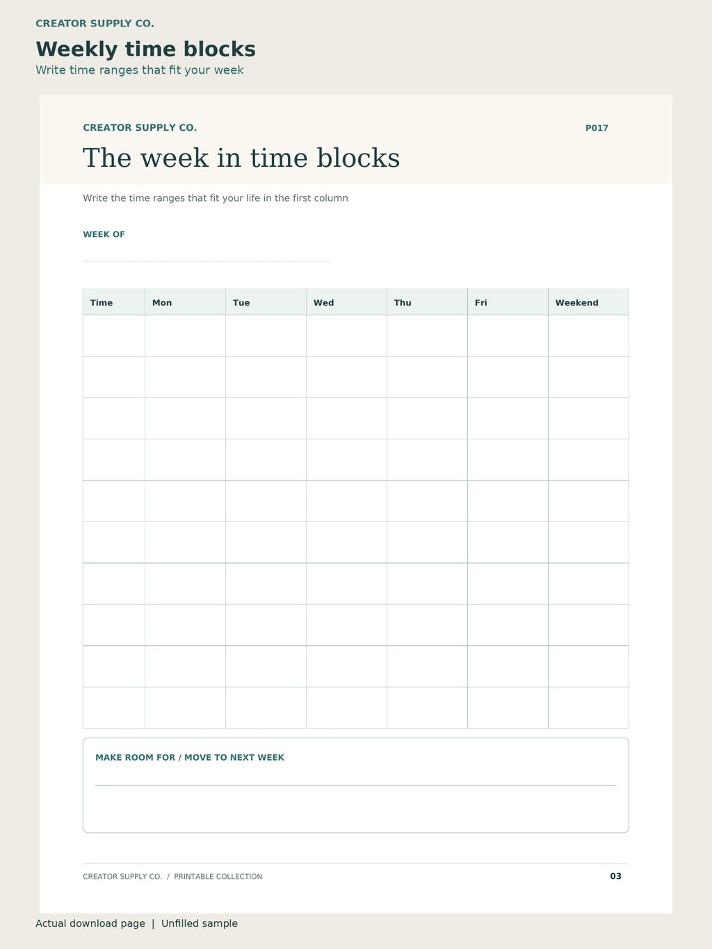 Weekly Planner Printable – weekly time blocks page: write time ranges that fit your week