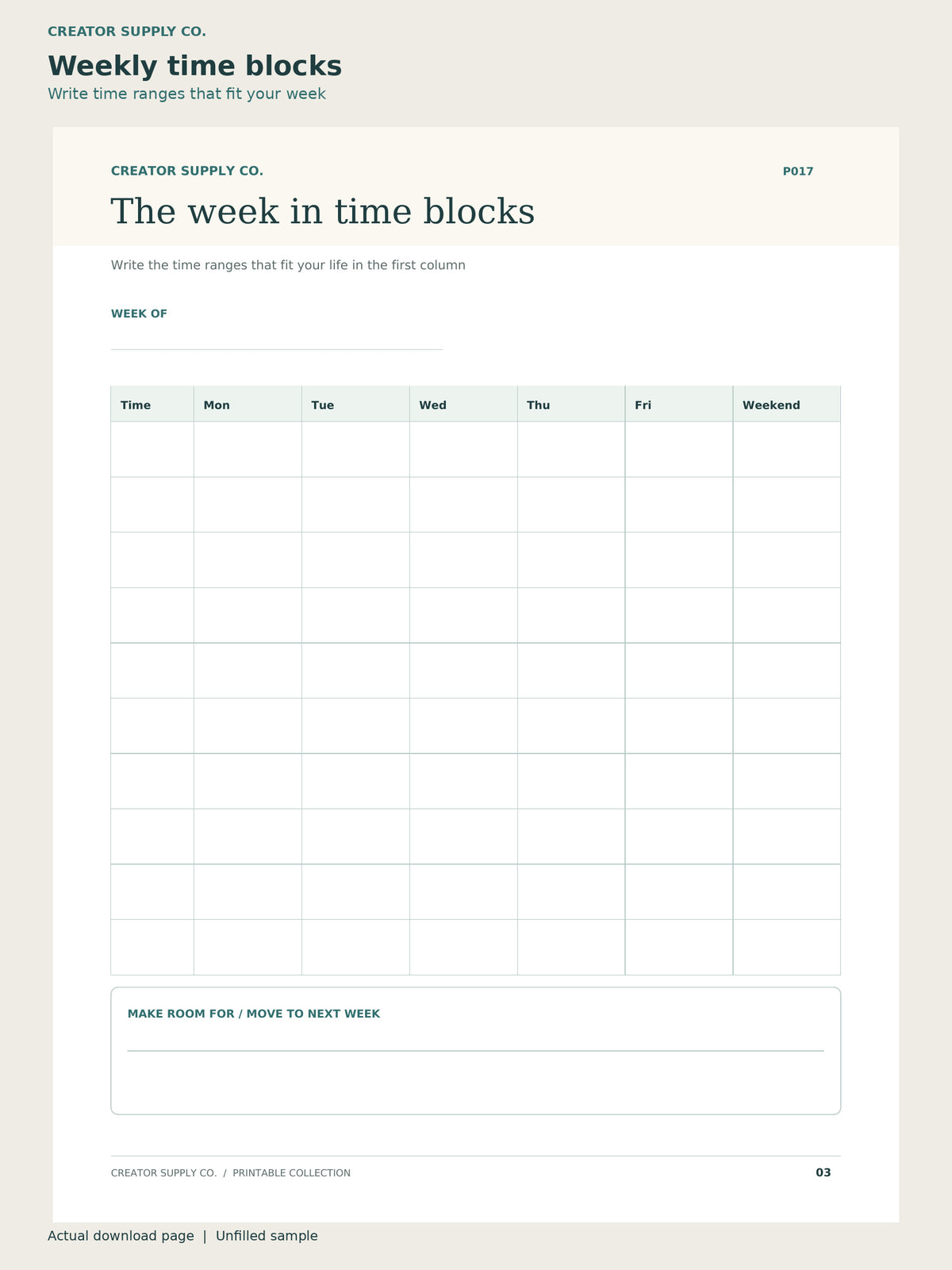 Weekly Planner Printable – weekly time blocks page: write time ranges that fit your week